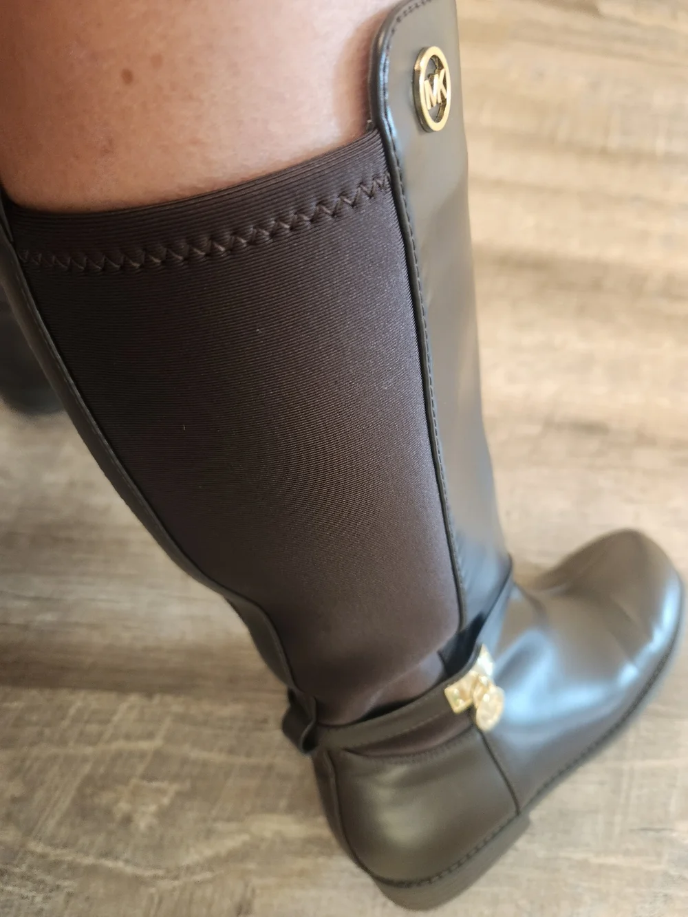 Michael Kors Chocolate Brown Knee-High Heeled Boots with Gold MK Logo